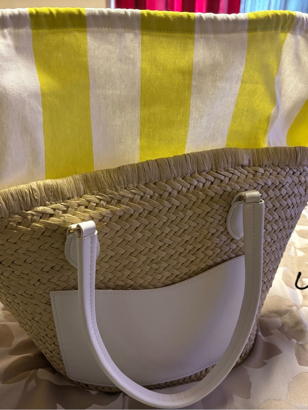 Striped Yellow-Lined Woven Tote with White Trim beach bag. - Picture 2 of 3